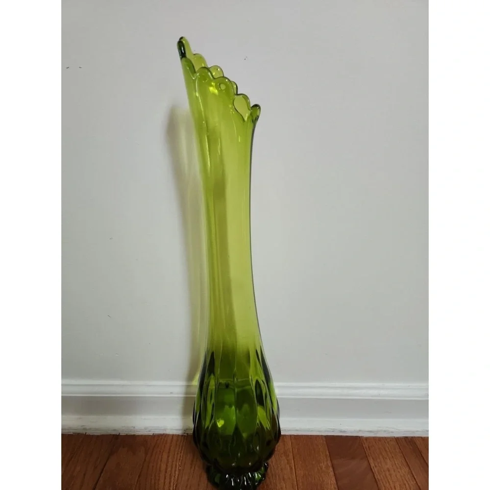 Green Glass Bud Vase with Scalloped Rim